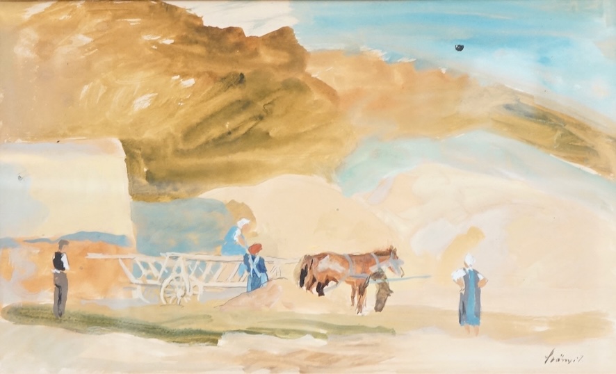Szonyi Istvan (Hungarian, 1894-1960), pencil and watercolour, horse and wagon, signed, 19 x 32cm